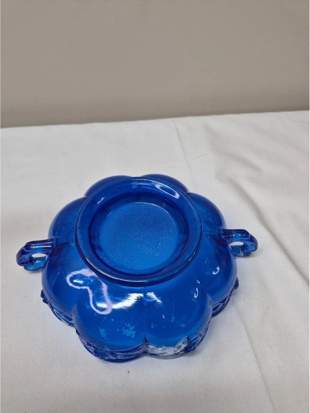 Vintage Glass Decorative Bowl with Blue Paint and Handles J4